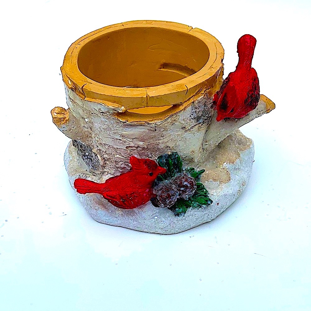 Rustic Tree Stump Planter with Red Cardinals